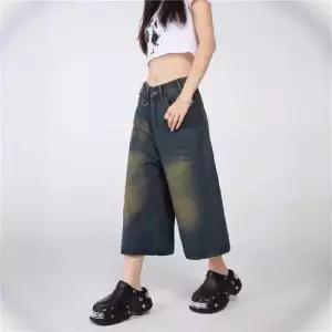 청 빈티지 반바지 칠부 워싱 와이드 오버핏 여자데님반바지 ible1