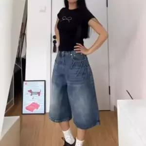 데님 빈티지 슬림핏 여자데님반바지 와이드 빅사이즈 하이웨스트 번개무늬 칠부 일자 반바지 ible1