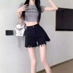 봄 여자데님반바지 찢청 반바지 빅사이즈 하이웨스트 스위트 A라인 핫팬츠 ible1