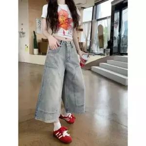 청 반바지 일자 여자데님반바지 칠부 와이드 워싱 ible1