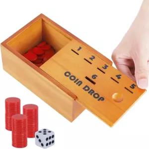 쥬골 코인 드롭 세트 페니 주사위 게임 2-6인용 나무 테이블탑 보드 우드 박스에는 48개의 칩과 1개의