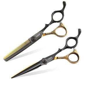 [미국배송] FOGOSP 6인치 전문 헤어 커팅 가위 키트 일본 440C 스테인리스 스틸 샤프 인체공학적 경량 스트레이트 및 얇아진 이발 살롱 전문가용 트리밍 가위(블랙앤골드 키트)
