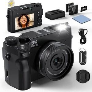 [미국배송] 디지털 카메라 사진 촬영용 5K 75MP 카메라 여행용 WIFI 브이로그 카메라 초보자와 청소년을 위한 UHD 듀얼 렌즈 18배 줌 오토포커스 선물 배터리 2개와 충전기 1개 64GB