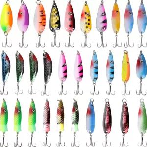 낚시 스푼 금속 미끼 키트 30pcs 컬러풀 하드 스피너 미끼와 트레블 훅이 있는 송어 연어 베이스 월 소금물