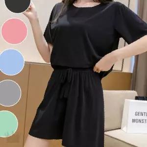 집안 편안한 라운지 데일리 루즈핏 신축성 허리밴딩 반소매 숏팬츠 투피스 여성