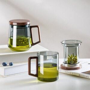 유리 티컵 차망과 커피 있는 스트레이너 나무 내열성 손잡이 500ML 뚜껑이 선물 남성용 티포트 머그잔