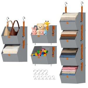 DIMJ 걸이식 옷장 정리함 - 후크 지퍼가 달린 4단 접이식 걸이 선반, 패브릭 옷 정리함, RV를 위한 공간 절약형 보관함 바구니, 침실, 세탁 정리함