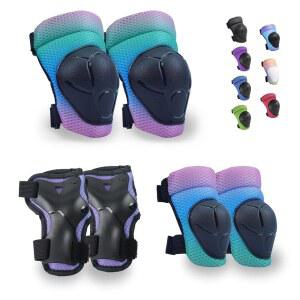 GEQID 무릎 보호대 팔꿈치 보호대 손목 보호대 세트, 4-6-12 남학생용 롤러스케이트 스쿠터 스케이트보드 자전거 보호 장비(핑크 블루 그린 그라디언트, 프리 사이즈(4-12세 또는 40-80파운드)
