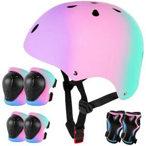 3-5-8-14세 이상 남녀 용 자전거 헬멧, 무릎 보호대가 있는 헬멧 팔꿈치 보호대, 환기 멀티 스포츠 스쿠터 롤러 스케이트 롤러블레이드 스케이트보드 등반 자전거 타기