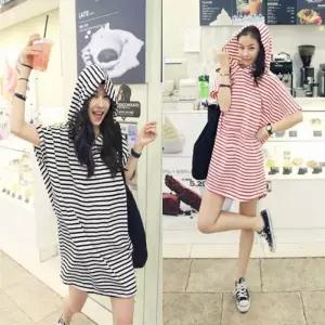 휴양지 여름 후드 반팔 스트라이프 미니원피스 원피스