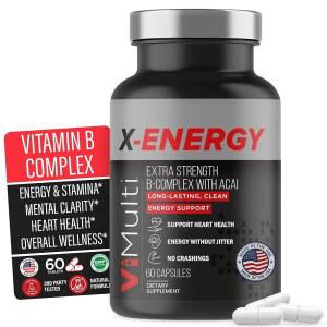 카페인과 비타민이 함유된 X-에너지 엑스트라 스트렝스 B 복합체 B12 u2013 B1, B2, B3 나이아신, B6, 엽산, 비오틴, B5, 타우린, 인삼, 로 라, 마카, 아사이 및 스피룰리나 60캡슐