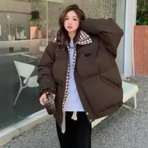 여성 루즈핏 포인트 루즈핏점퍼 하이넥 박시 패딩 볼륨 폭신한 데일리 심플 체크안감