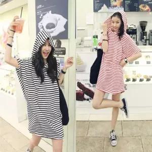 여름 미니원피스 반팔 스트라이프 원피스 휴양지 후드