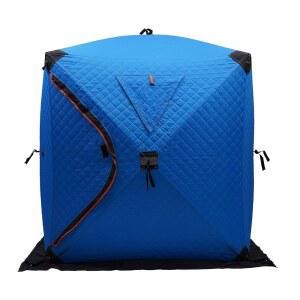 팝업 얼음 낚시 텐트, 1-2인용 휴대용 쉼터, 210D 옥스포드 패브릭 큐브, 섬유 유리 막대가 있는 열 판자, 반사 스트립, 못, 바람 밧줄 및 가방, 파란색