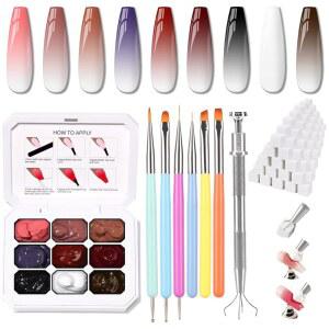 카로이 스펀지 팻 페인트 네일 젤 & 도구 키트, 9가지 색상 옴브레 그라디언트 블러셔 블루밍 아우라 드로잉 스트 플로럴 페인팅 아트, 닦지 않음, UV/LED 경화(9가지 세트 H)