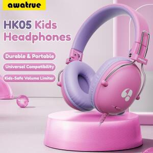 아워트루 키즈 헤드폰 74/85dB 안전 볼륨 제한 스테레오 유선 온이어 헤드셋 3.5mm 잭 아이패드 호환 태블