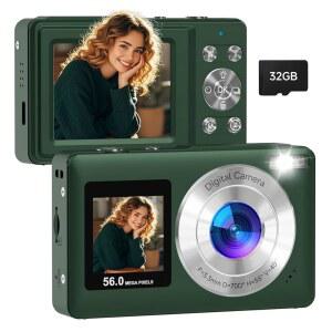 [미국배송] 디지털 카메라 2026년 업그레이드된 56MP 듀얼 스크린 디지털 카메라 16배 줌 오토 포커스 여행용 카메라와 함께 배터리가 내장된 소형 카메라 스마일 캡처 청소년을 위한 32GB SD 카드 안티 쉐이크