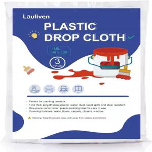 플라스틱 드롭 천 3팩 9x12피트 투명 페인트 방수 가구 소파 바닥 커버용 두꺼운 시트 1밀리리터