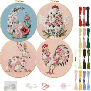 프리블로스 4세트 초보자를 위한 자수 키트 부활절 꽃 도장 패턴 지침서 컬러 실 후프 11.6인치/29.5cm 2개