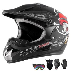 [미국배송] 청소년 더트 바이크 모터크로스 헬멧(고글 글러브 마스크) 4PCS 세트 DOT 승인 풀페이스 오토바이 헬멧 ATV BMX 산악 자전거 오프로드 키드 헬멧(블랙 스컬 M)