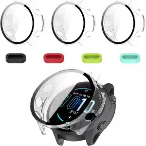 iDaPro [가민 포러너 570 42mm용 3팩 투명 스크린 프로텍터 케이스 9H 강화 유리 및 실리콘 먼지 플러그