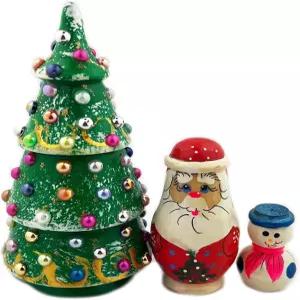 니초 손으로 조각하고 칠한 러시아 크리스마스 트리 둥지 인형 서프라이즈 산타클로스 눈사람 구슬 5 1/4
