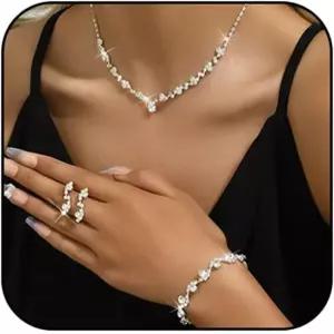 드뢰예트 라인스톤 웨딩 주얼리 세트 크리스탈 스파클리 초커 목걸이 팔찌 귀걸이 신부 들러리 큐빅