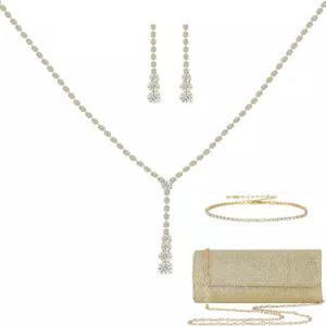 샤이니스타일 J4You 실버 프롬 주얼리 세트 여성 라인스톤 목걸이 당글 귀걸이 팔찌 클러치 지갑 액세서리
