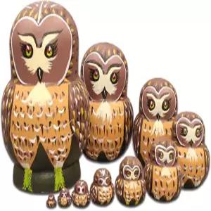 문모 10pcs 갈색 올빼미 수제 나무 러시아 둥지 인형 마트료시카 세트