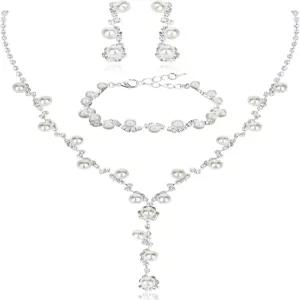 케이비티 우아한 웨딩 목걸이 귀걸이 팔찌 크리스탈 신부 주얼리 세트 화이트 펄 여성용