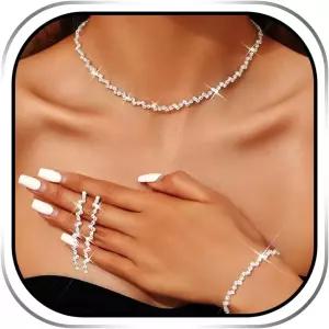 JEAIRT 라인스톤 초커 목걸이 주얼리 세트 브라이덜 다이아몬드 테니스 체인 귀걸이 및 브레이슬릿 블링