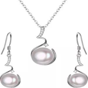 엘레퀸 925 스털링 실버 CZ 담수 배양 진주 신부 펜던트 목걸이 귀걸이 결혼식 주얼리 세트