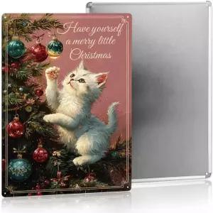 핑크 크리스마스 오너먼트 홈 데코 귀여운 고양이 장식 여성용 엄마 선물 틴 사인 (8x12인치)