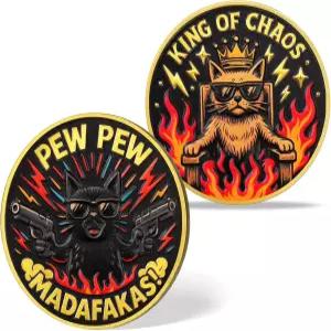 퓨 고양이 챌린지 코인 ？ 혼돈의 왕 왕관을 쓴 멋진 불과 번개 디자인의 독특한 리온 애호가와 대담한