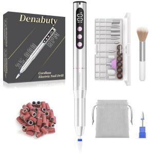 Denabuty 전기 네일 드릴 무선, 35000RPM 휴대용 파일, LCD 디스플레이 및 아크릴 젤 네일용 비트 12개, 전문 매니큐어 페디큐어 키트 세트 실버