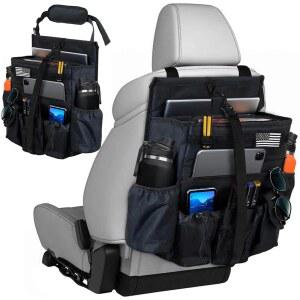 전용 태블릿 및 노트북 보관 스태빌라이저, 외부 안정화 사이드 스트랩, 부드럽고 조절 가능한 어깨끈과 강화 버클이 있는 전면 시트 백 오거나이저 (블랙 오거나이저)