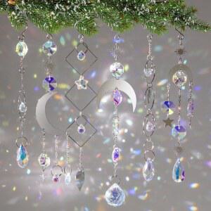 Siifert 24피스 크리스탈 선캐처 크리스마스 트리 장식 걸이식 장식품 무지개 빛깔의 프리즘 라이트 캐처 실내 파티 장식(실버)