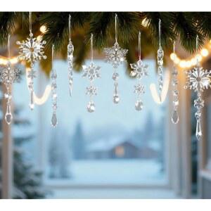 AUMAYCO 크리스마스 트리 장식 크리스탈 장식품 10개 - 아크릴 투명 벽걸이 눈송이 고드름 드롭 세트 및 새해 파티 장식용