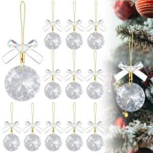 선칼라 12개 크리스탈 유리 크리스마스 볼 장식과 보우 트리 장식 펜던트 1.18 u2033 미니 원형 클리어 프리즘 빈티지 행잉 휴일 결혼식 생일 파티용