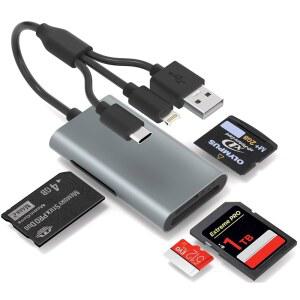 [미국배송] 메모리 스틱 프로 듀오 어댑터 - SD /MICRO /MS /XDPICTURECARD용 4 IN 1 카드 리더 아이폰호환 17 /16 /15 /14 /ANDROID /PC (라이트닝 포함) /USBC /USBA 포트 디지털 카메라