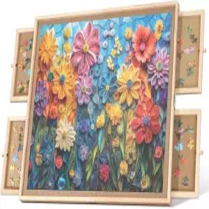 빌더 버틀러 1000피스 조립 필수 회전 퍼즐 보드 서랍 4개 레이지 수잔 투명 커버 28.7 x20.9 휴대용 나무