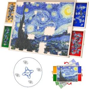 서랍이 있는 회전식 360도 휠 퍼즐 보드 및 커버 1000개 경량 휴대용 나무 테이블 30인치 x 22인치