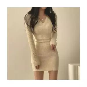 여사친 니트 원피스 스커트 이너 하객 브이넥 슬림핏 랩 드레스 BE3