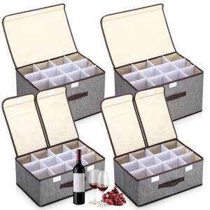 Windyun 4팩 와인 글라스 및 머그 보관 상자, 칸막이 포함, 손잡이가 달린 퀼트 극세사 케이스, 각각 12개의 유리 제품, 스템웨어, 커피 티컵 (2 사이즈)