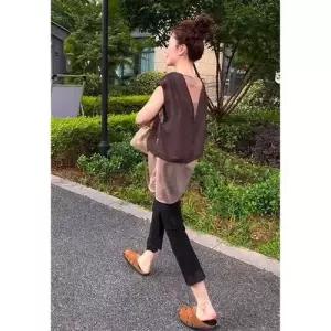 투피스 여성용 팬츠 검정 빈티지 라운드 스키니 하이웨스트 무봉제 톱에 프렌치 나시 ST1