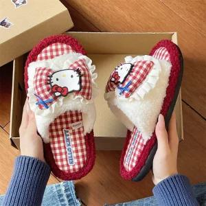 헬로키티 여성용 겨울 슬리퍼 면 거실화 미끄럼 방지 귀여운 캐릭터 털 실내화 사무실 학교
