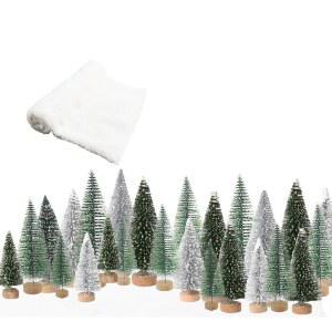 크리스마스 장식 병 브러시 트리 세트 - 24개의 다양한 인공 미니 스노우 소나무와 나무 베이스가 있는 홈 실내 파티용 마을 미니어처 공예 장식(작은 눈 담요