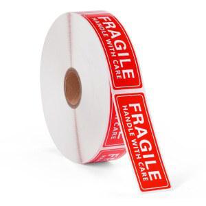 이동 유리 라벨(롤 1개, 라벨 1000개) 배송용 영구 접착 깨지기 쉬운 스티커가 포함된 3인치 손잡이 1개(롤