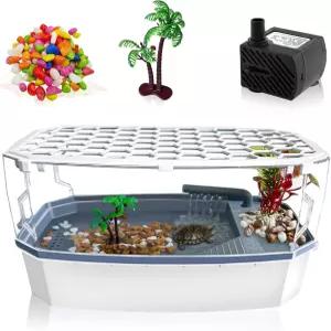 부화기용 탈출 방지 3갤런 거북이 탱크 키트 - 베이킹 플랫폼과 필터가 장착된 소형 아크릴 수족관 멀티존