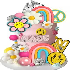 25 PCS 그루비 케이크 토퍼 보호 레인보우 히피 장식에 디스코 볼과 데이지 꽃을 곁들인 테마 생일 파티